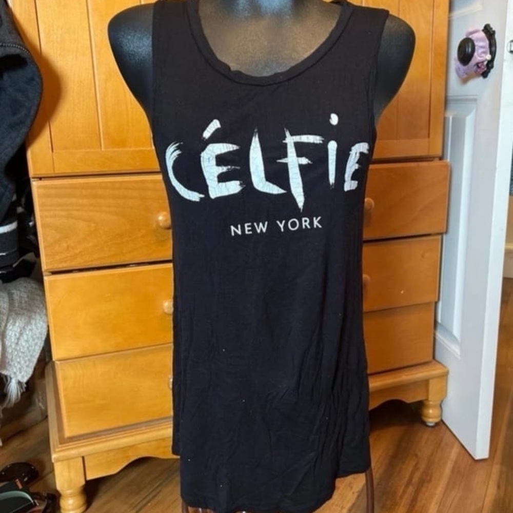 CÉLFIE New York Graphic Tank Top Black Oversized Longline Medium